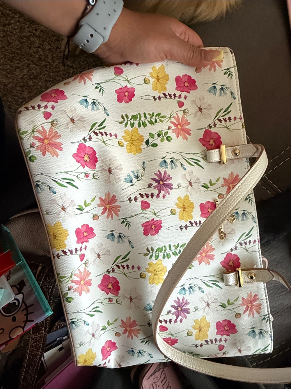 White Floral Tote Bag with Pink & Yellow Blooms